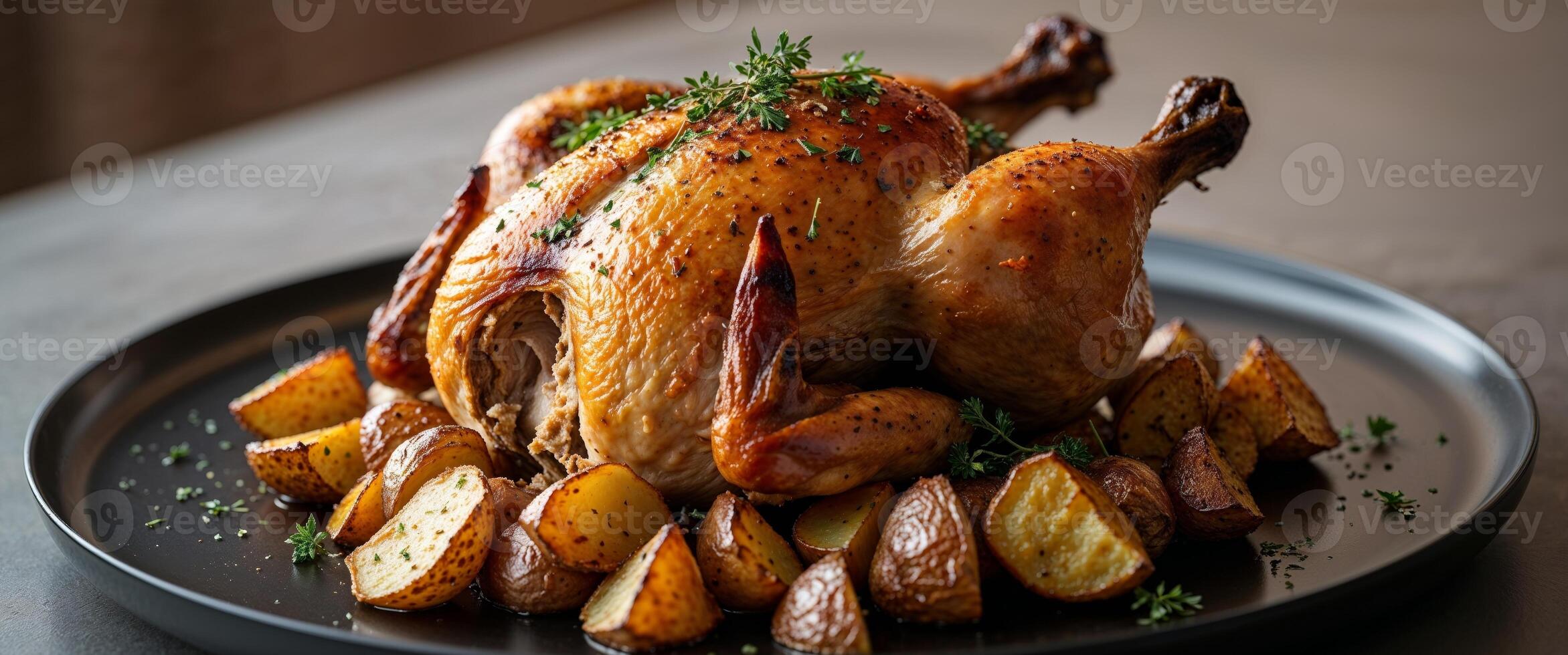 Roasted chicken with potatoes on a black plate photo