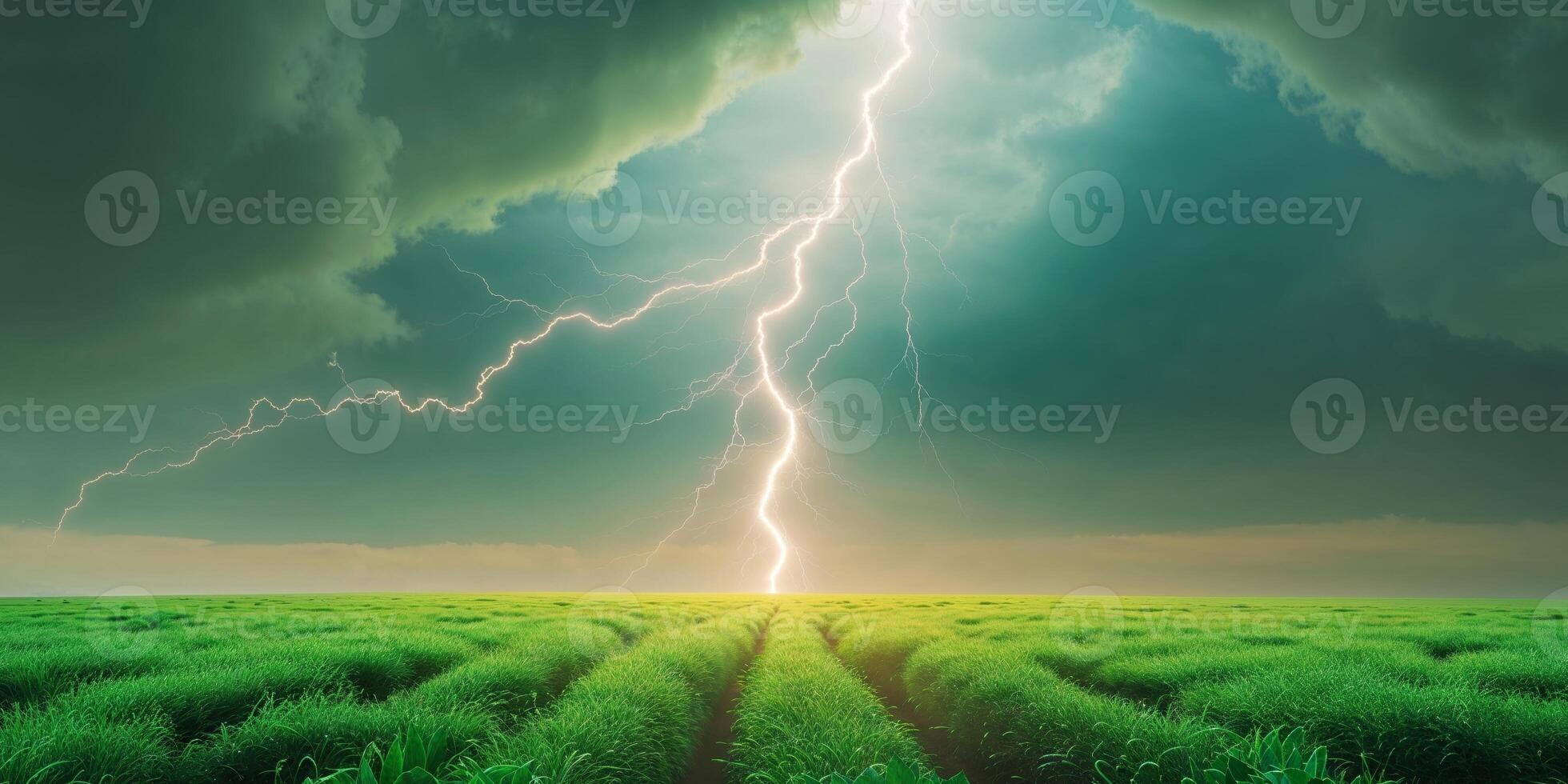 Lightning strikes over a field of green grass photo