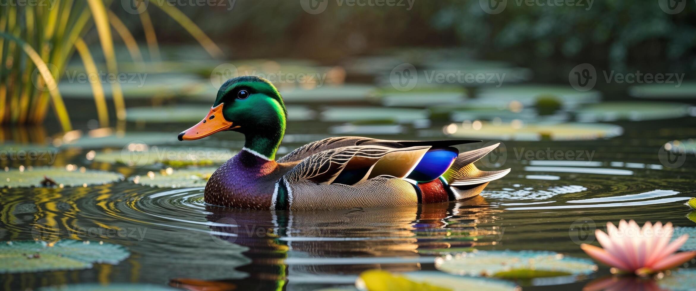 A duck swimming in a pond with lily pads photo