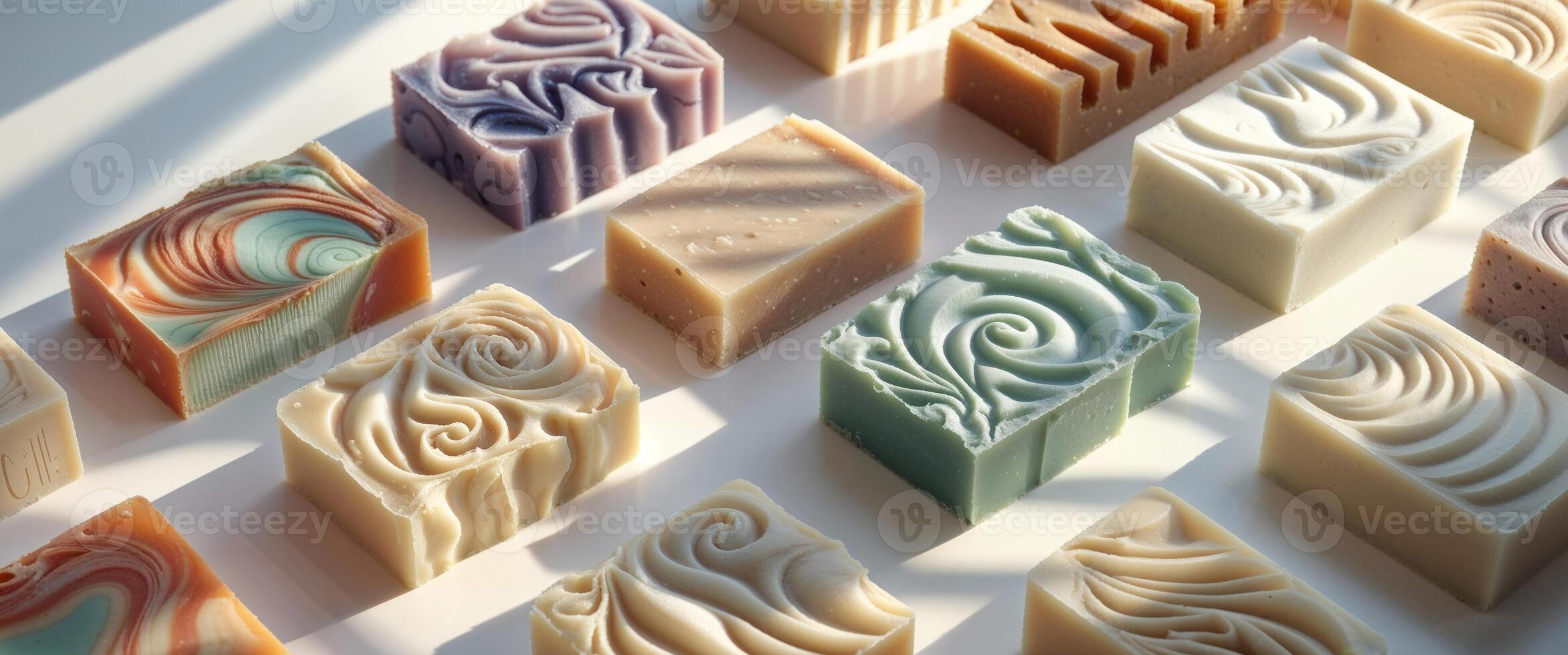 Colorful handcrafted soap bars arranged on a white surface photo