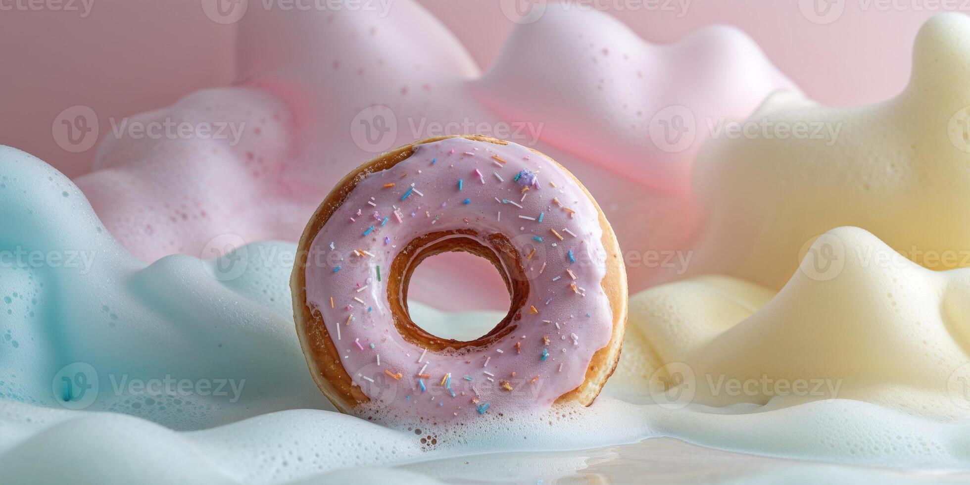 Whimsical Donut and Soapy Fluffy Foam Texture Background in Pastel Colors. photo