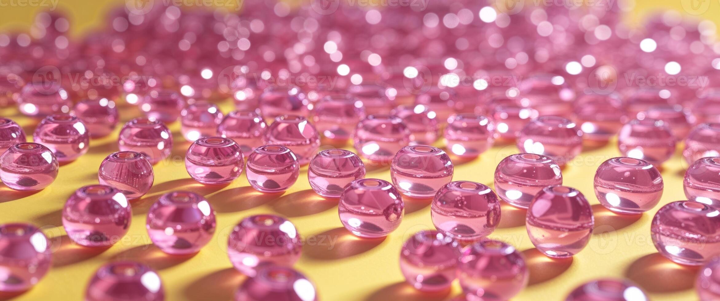 Pink Acrylic Beads Scattered on Yellow Background for Craft and Hobby Projects photo