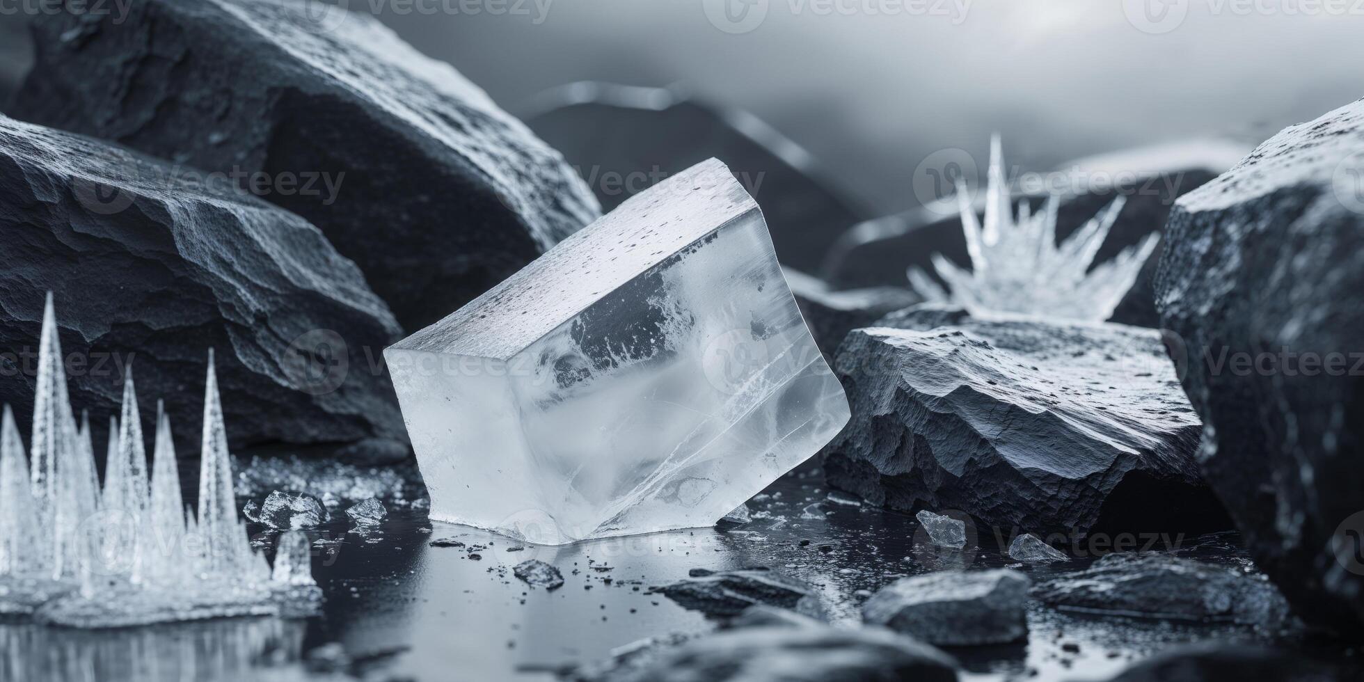 Icy block rests among dark rocks with many icicles. photo