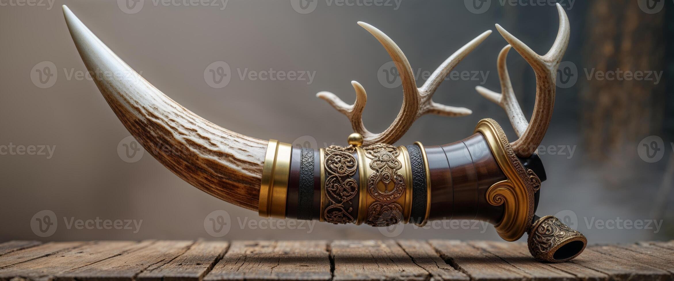 An ornate hunting horn made of natural material and metal. photo