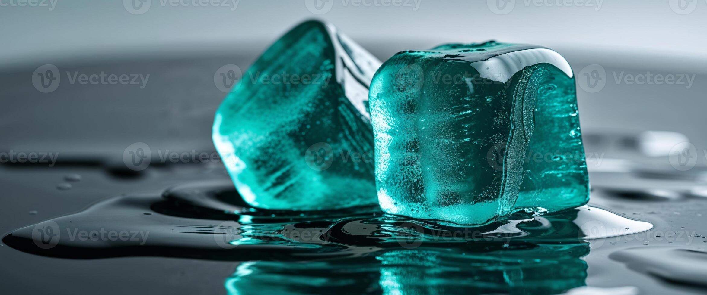 Two Teal Ice Cubes on Dark Reflective Surface. photo