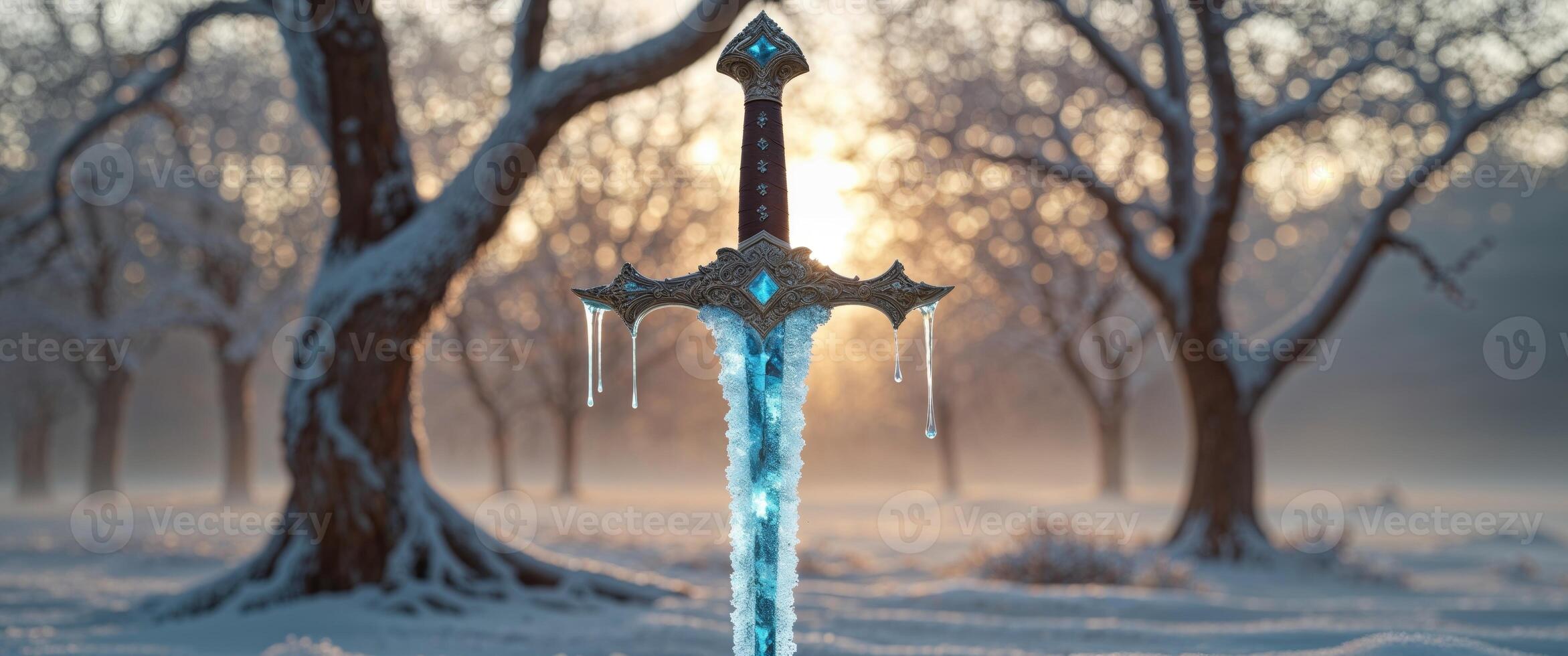 A sword is standing in the snow with trees in the background photo
