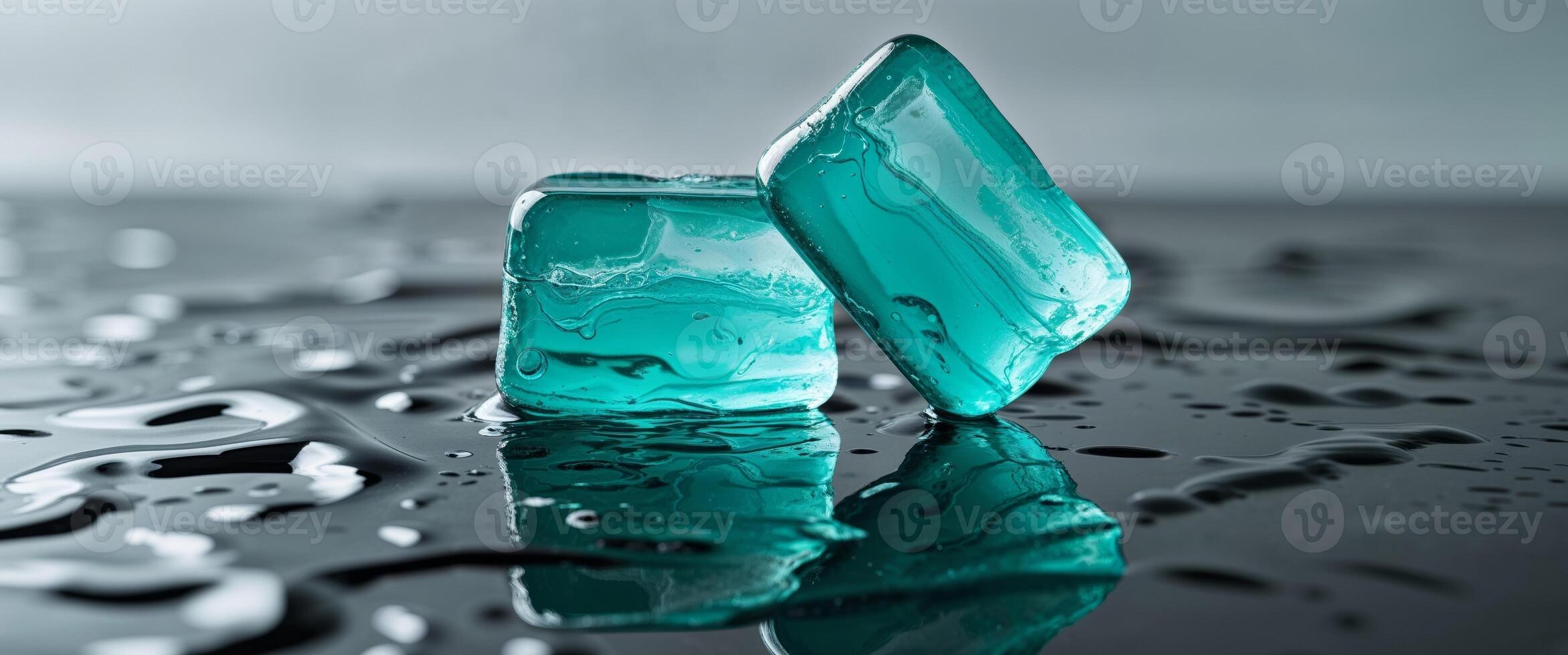 Two Teal Ice Cubes on Dark Reflective Surface photo