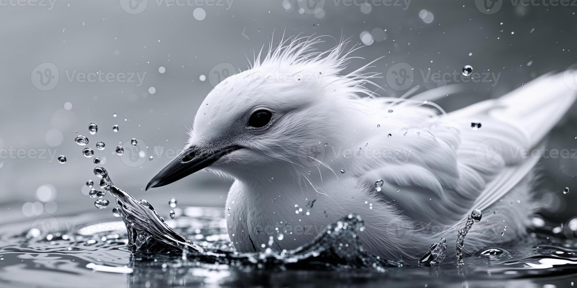 White Bird in Dark Water Splashing Feathers Closeup photo