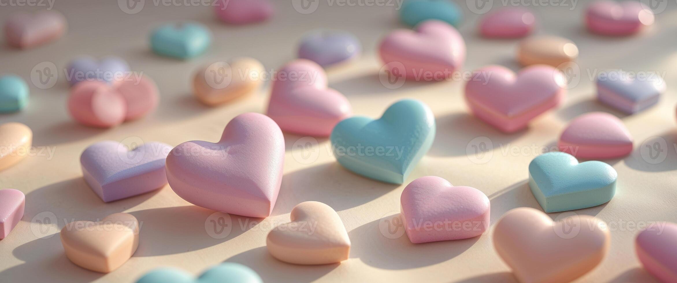 Pastel colored heart shaped decorative objects scattered across a surface photo
