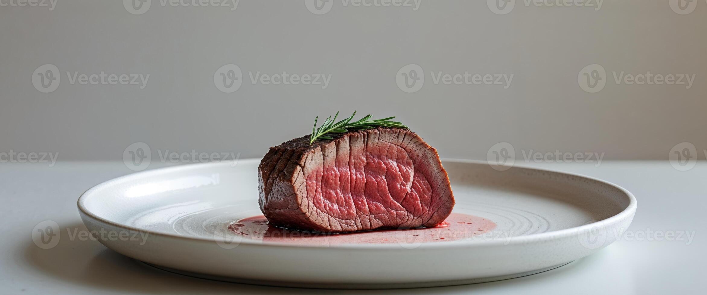 A piece of beef on a white plate with a sprig of rosemary photo