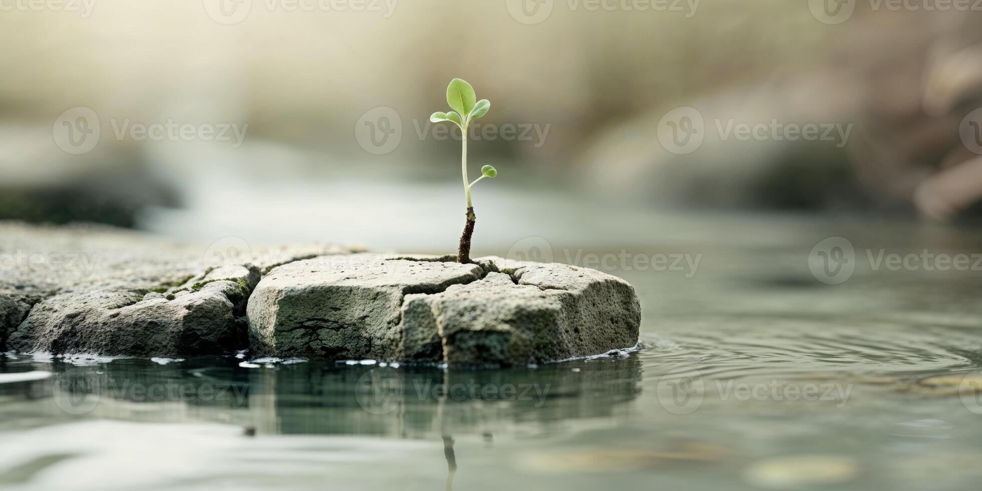 A small plant sprouting from a rock in a stream photo