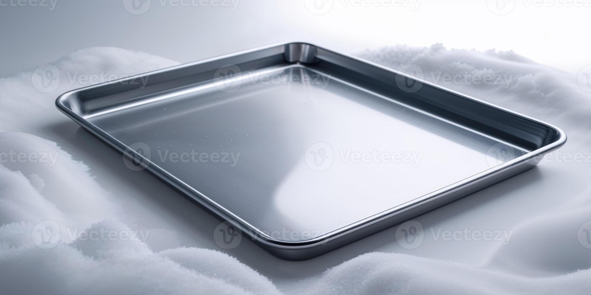 Metallic baking sheet on a clean white backdrop ready for culinary creations. photo