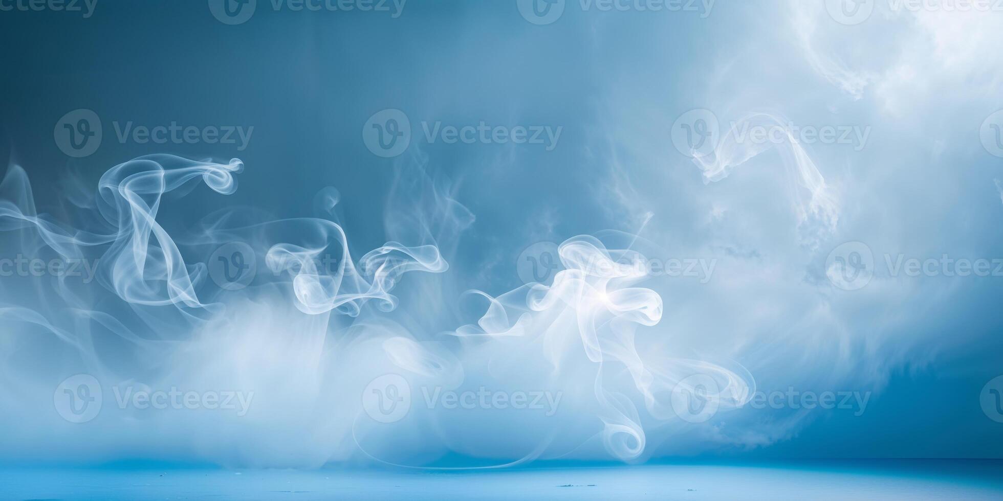 Blue hued stage setting surrounded by swirling atmospheric smoke photo
