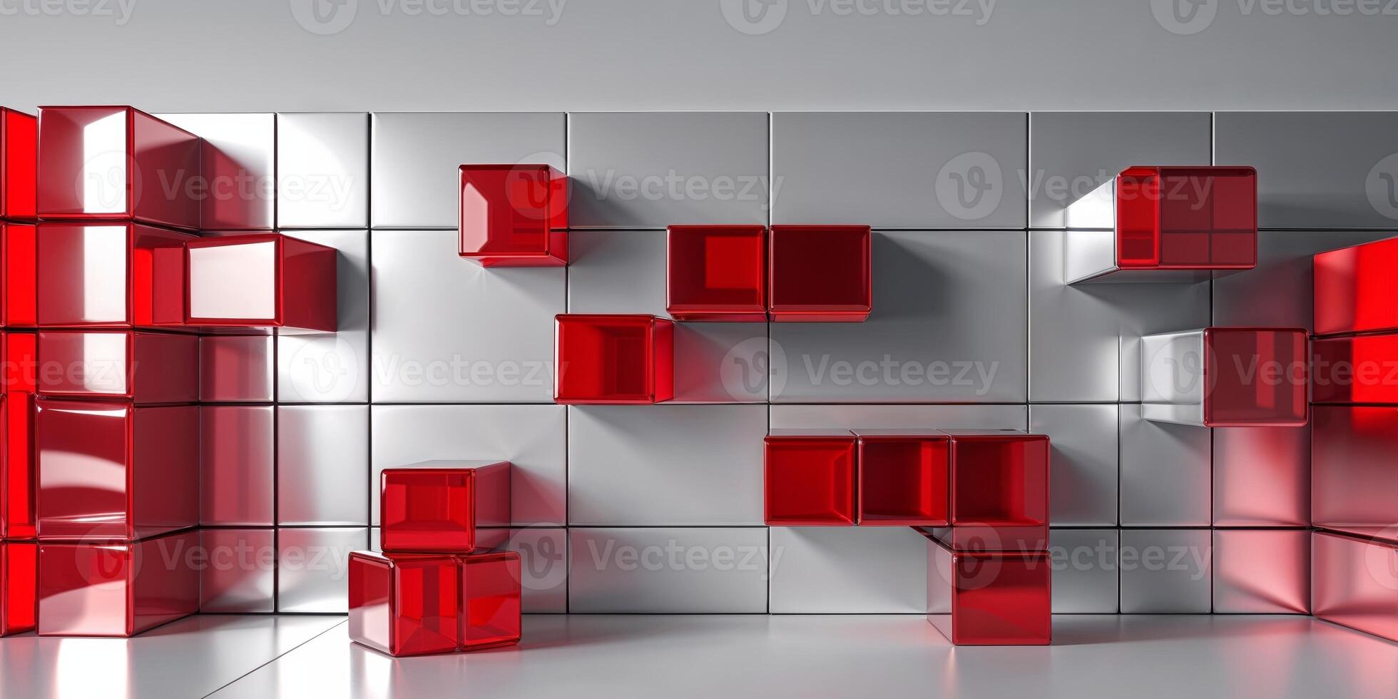 Abstract Red Cubes Background with Metallic Tiles for Presentation Mockup. photo
