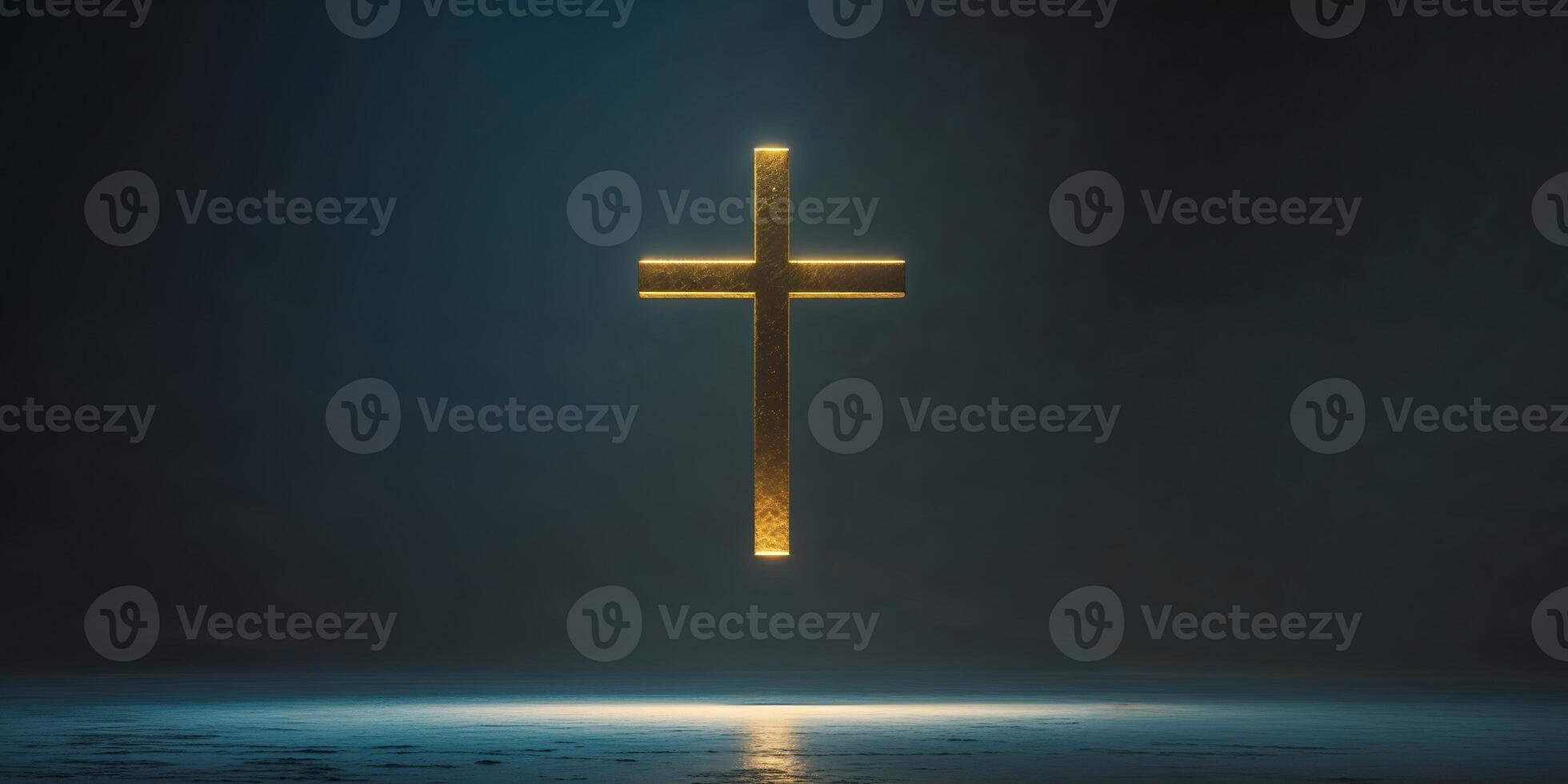 An illuminated golden cross shining in a dark and atmospheric space. photo