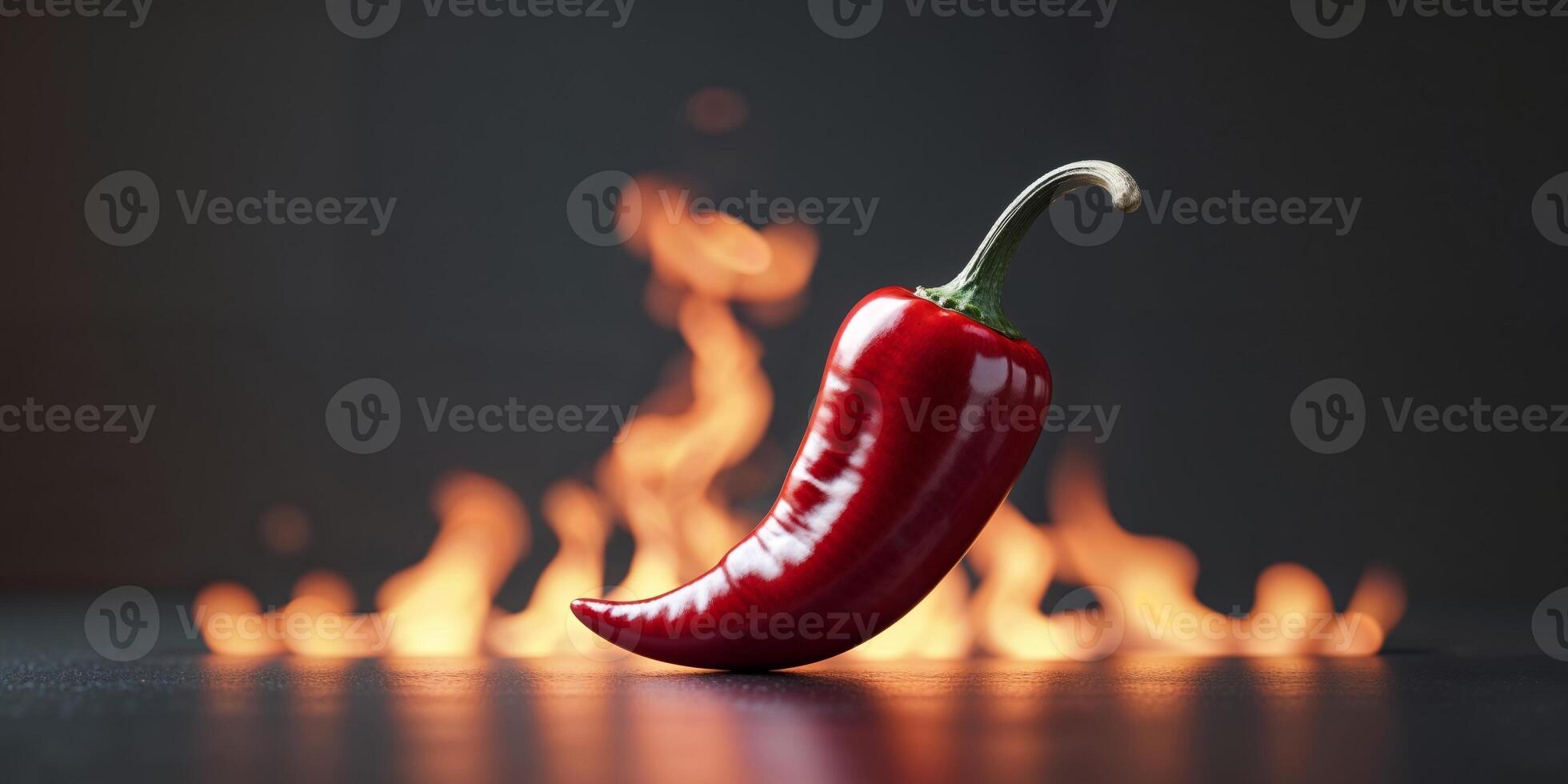 A red chili pepper is on fire in front of a black background photo