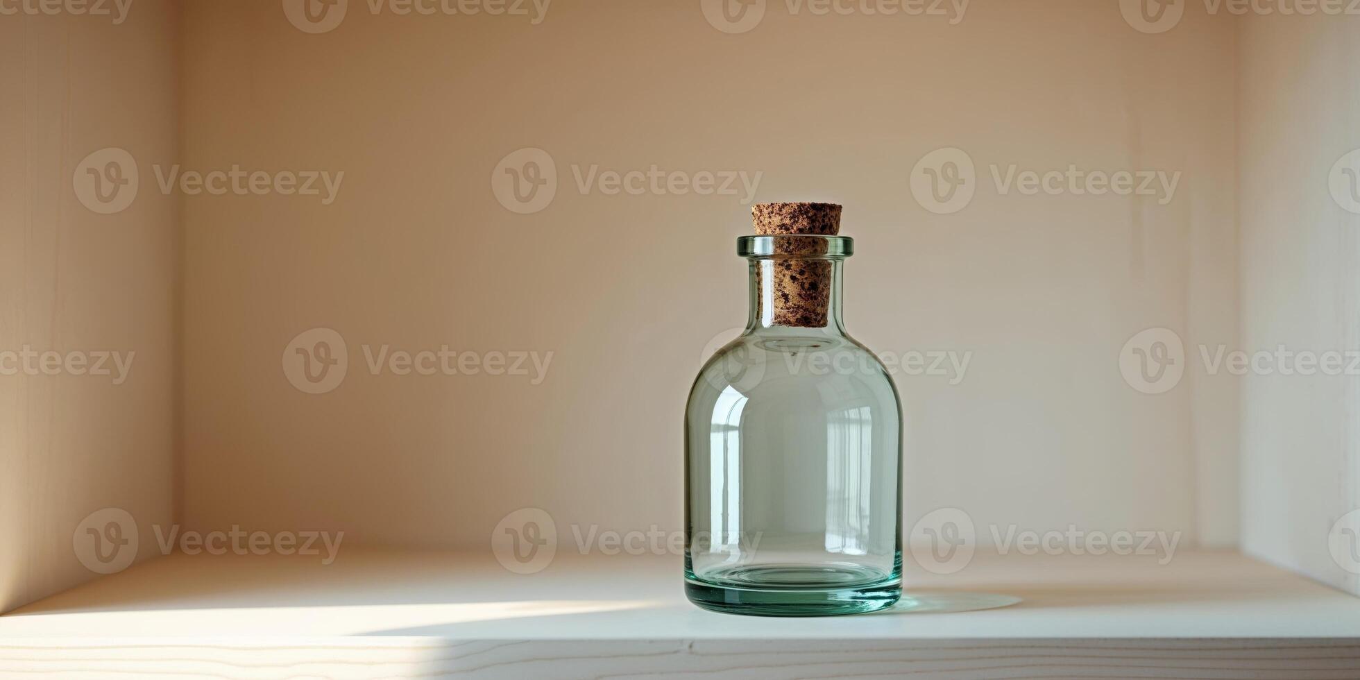 A glass bottle with cork on top of a shelf photo