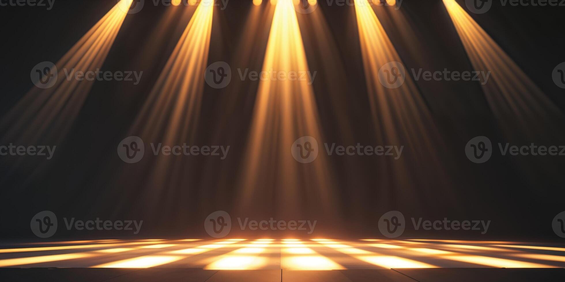 Bright light beams coming from the stage in a dark room photo