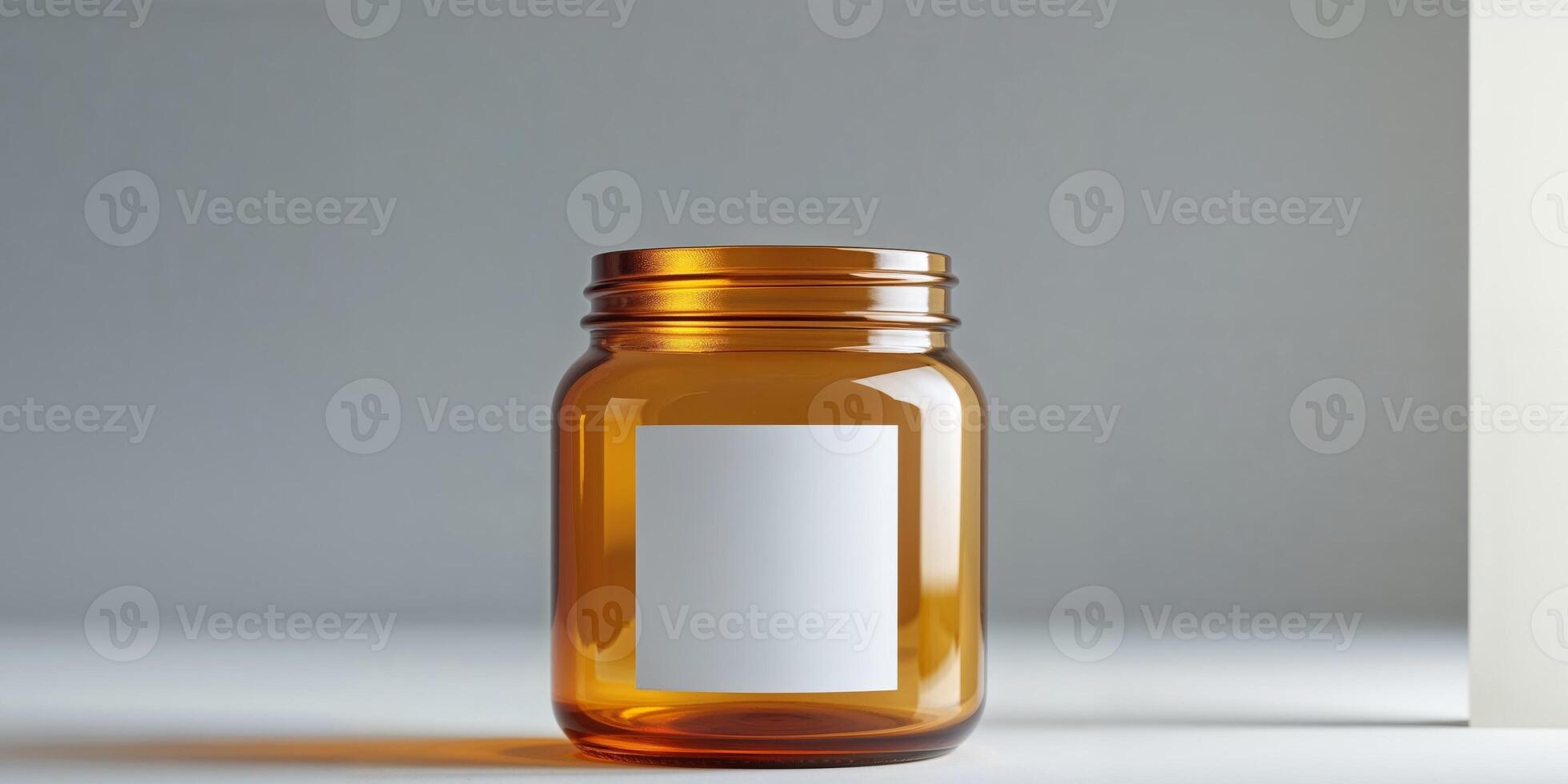 A brown glass jar with a white label on it photo