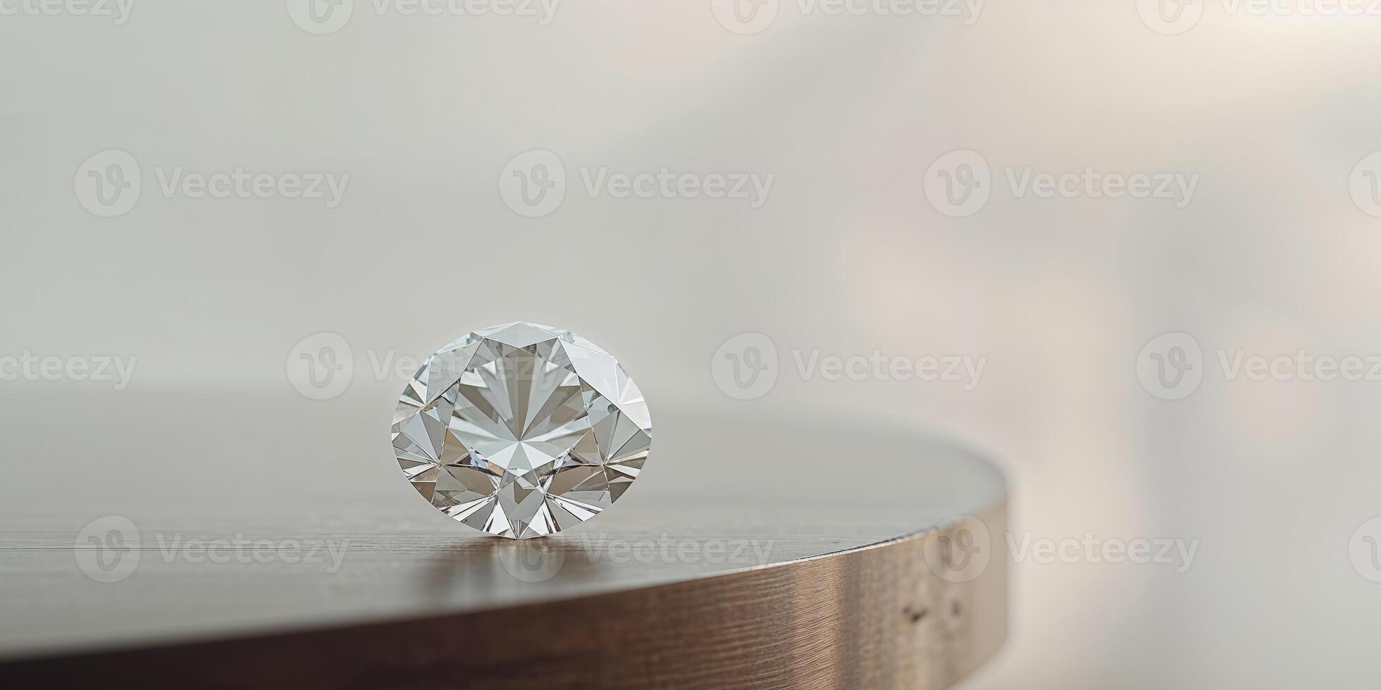 A diamond on a table in front of a blurry background photo