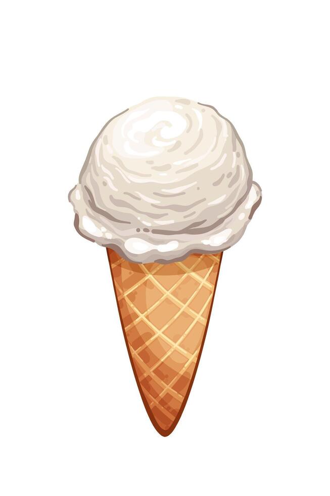 Realistic Ice cream scoop in bright cartoon style, milk, vanilla or other white ball in waffle cone isolated on white background, Sweet summer dessert illustration for candy shop, fresh party vector