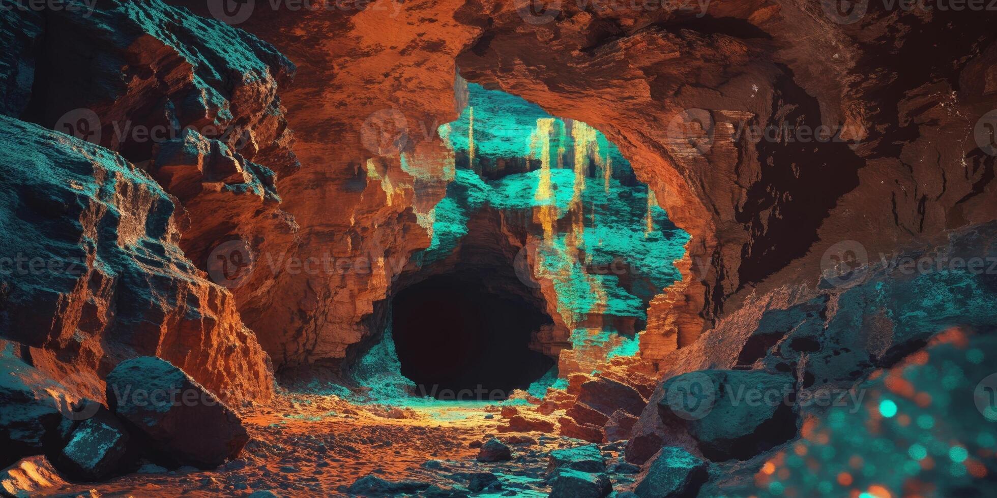 Mysterious Stone Cave Entrance in Pixel Art Style Game Background with Dark and Textured Rock. photo