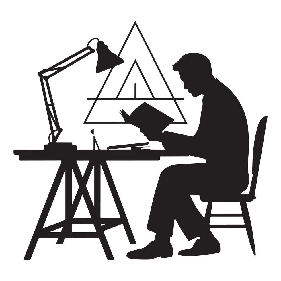 Reading Table with Animator and Architecture Tools Silhouette on White Background vector