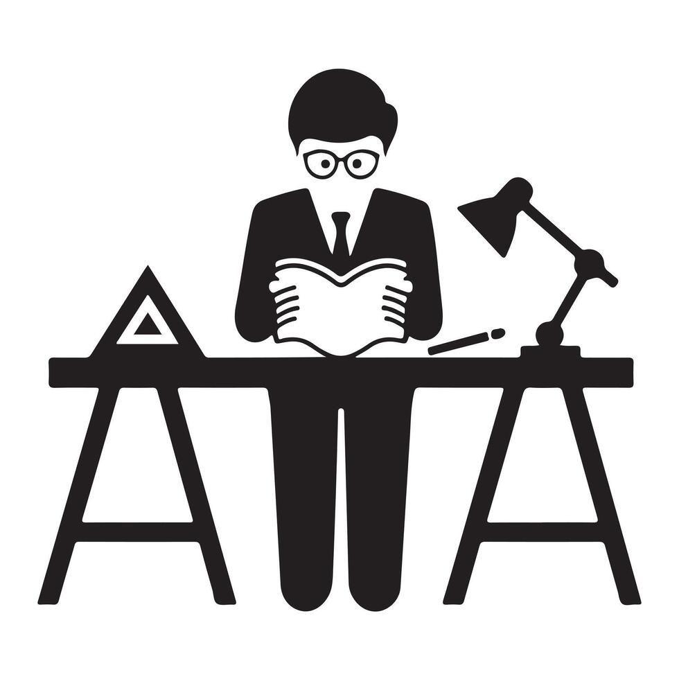 Black Silhouette of Architect's Reading and Working Table with Animation Elements vector