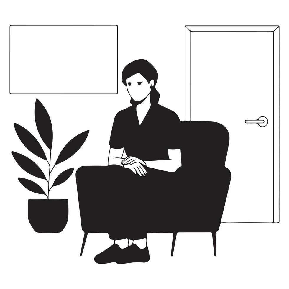 Therapist Sitting in Chair with Hands Folded and Plant on White Background Art vector