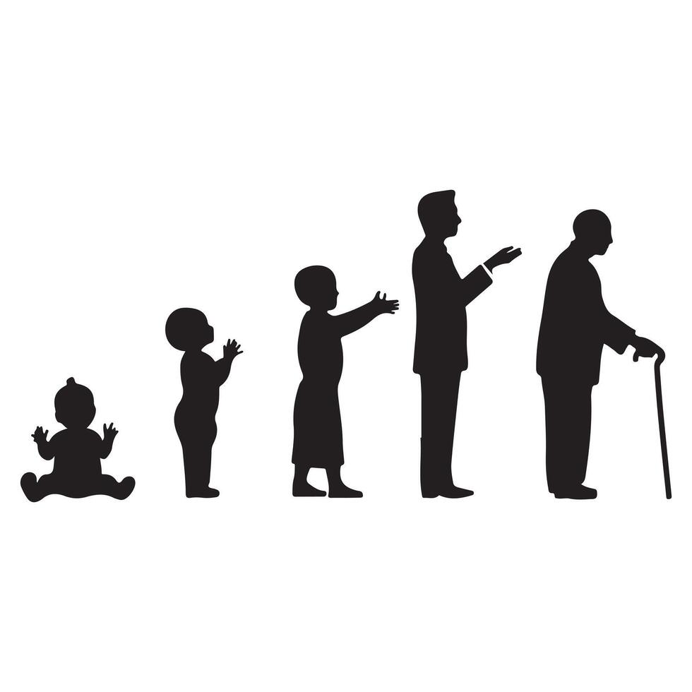 Black Silhouette of Humans in Different Ages on White Background vector