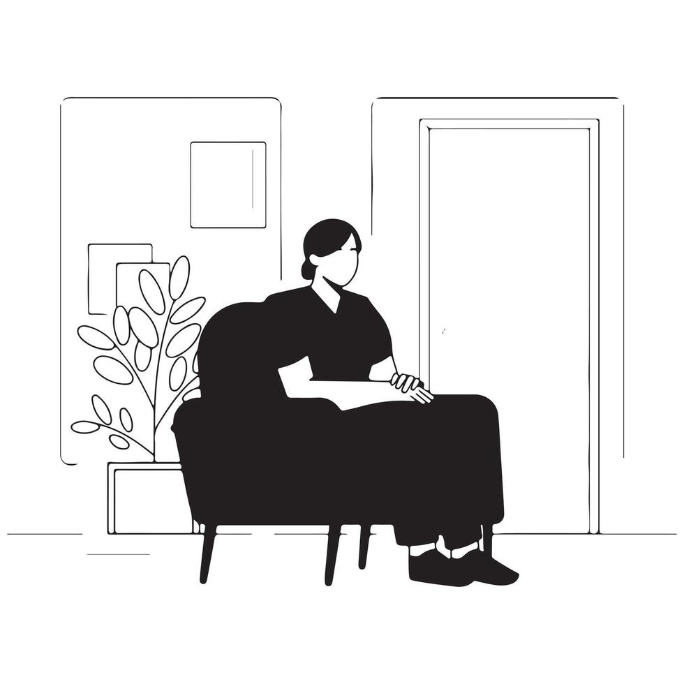 Black Silhouette of a Therapist Sitting with Hands Folded and Plant Near Them vector