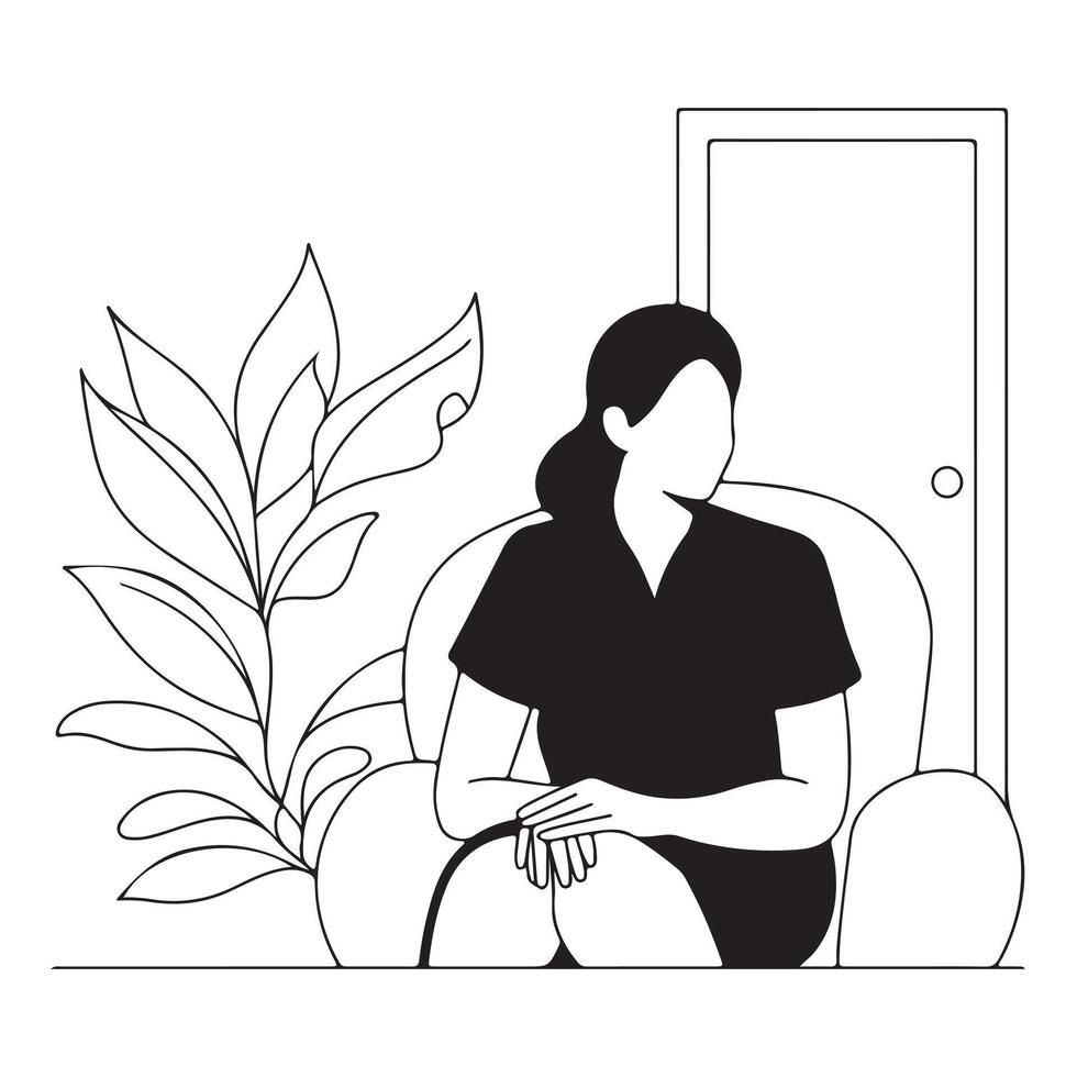 Black Silhouette of a Therapist Sitting with Hands Folded and a Plant on White Background vector