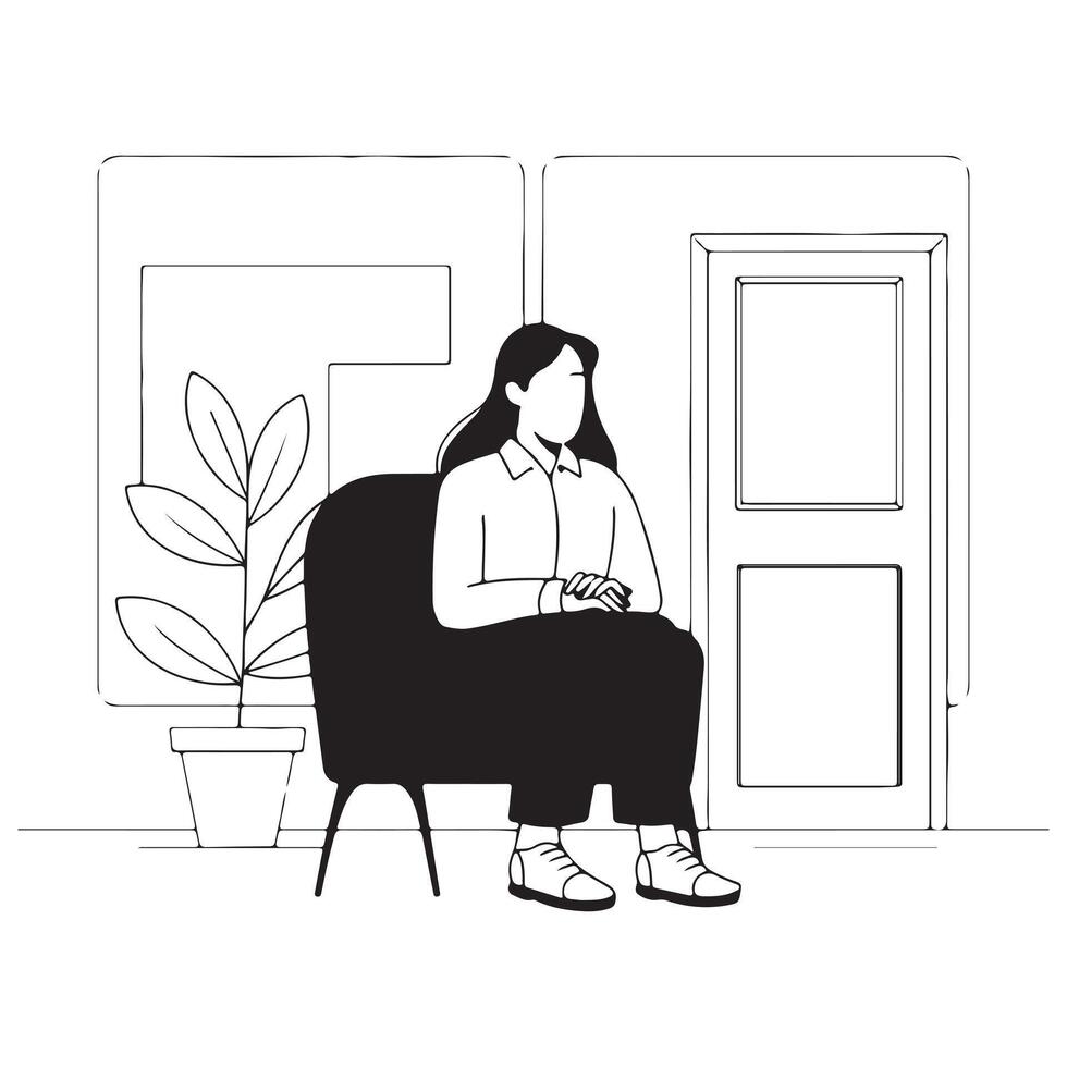 Illustration of a Therapist Sitting with Hands Folded and a Plant on White Background. vector