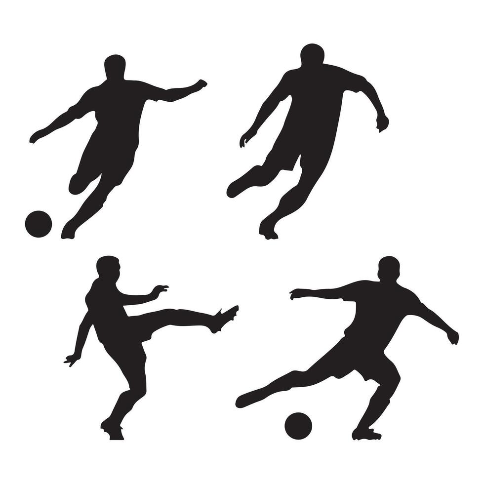 Black Silhouette Figures of Soccer Players in Various Dynamic Poses on White Background vector