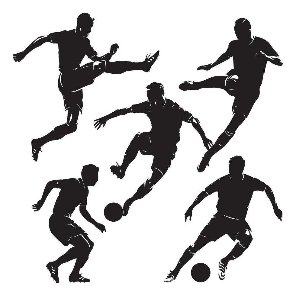 Black Silhouettes of Soccer Players in Action Poses on White Background vector