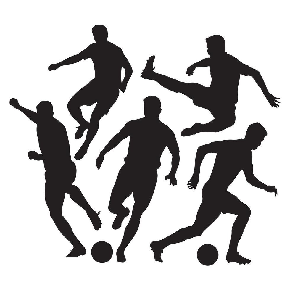 Black Silhouette Figures of Soccer Players in Dynamic Poses on White Background vector