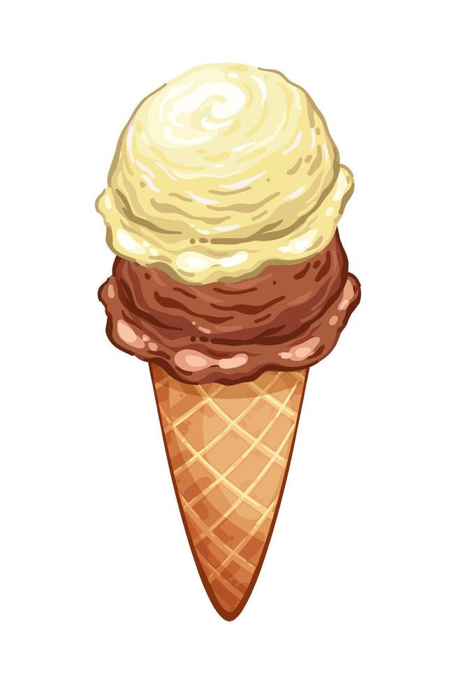 Ice cream scoop with two balls in cartoon style, yellow and brown balls in waffle cone isolated on white background, Sweet summer dessert illustration from constructor set for candy design vector