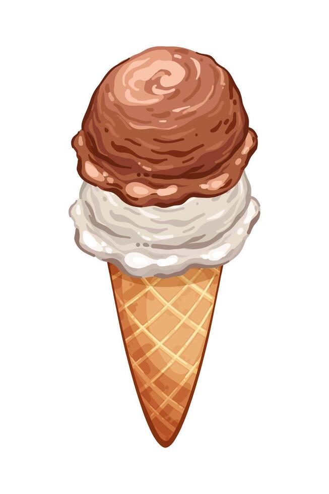 Ice cream scoop with two balls in cartoon style, white and brown balls in waffle cone isolated on white background, Sweet summer dessert illustration from constructor set for candy design vector