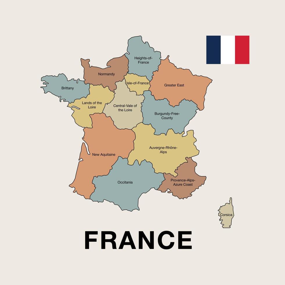 Highly detailed political map of France, showcasing its administrative regions and borders. Perfect for educational, geographical, and travel-related projects. vector