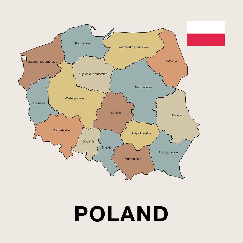 Highly detailed political map of Poland, showcasing its administrative regions and borders. Perfect for educational, geographical, and travel-related projects. vector