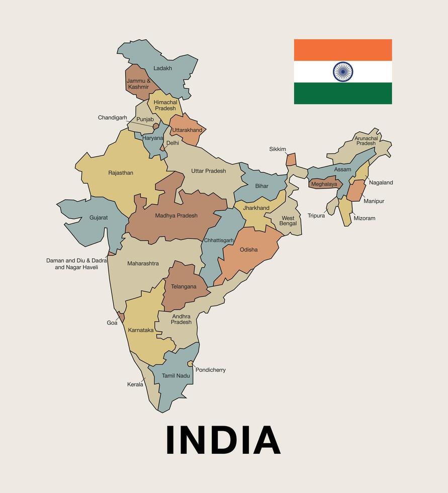 Highly detailed political map of India, showcasing its administrative regions and borders. Perfect for educational, geographical, and travel-related projects. vector