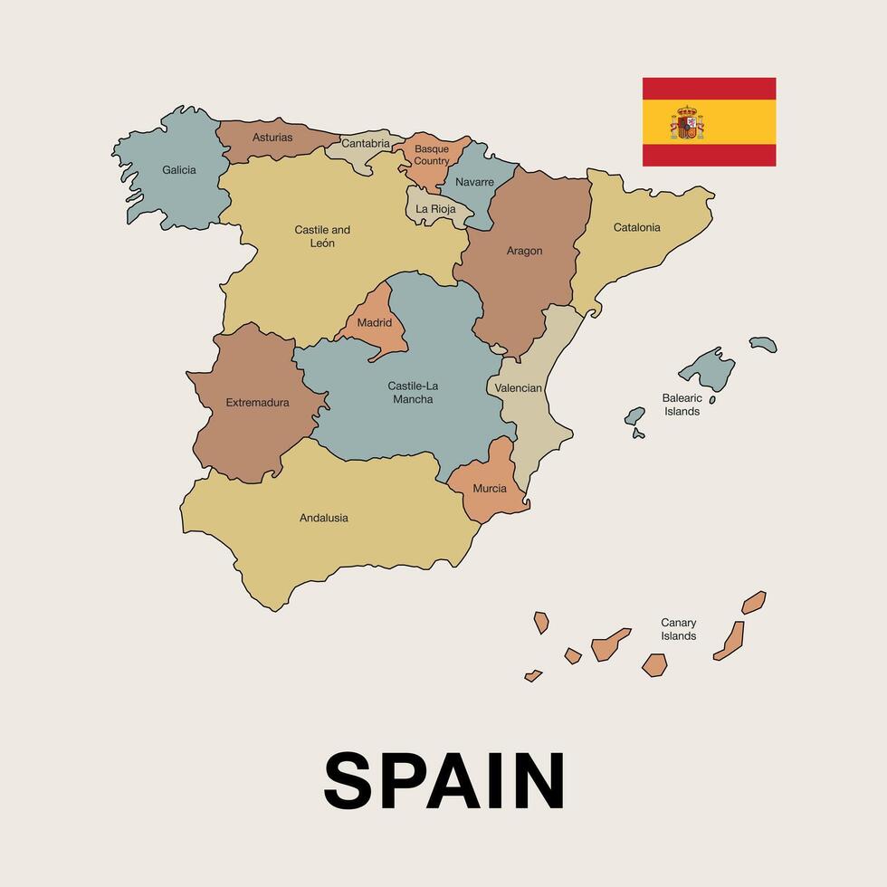 Highly detailed political map of Spain, showcasing its administrative regions and borders. Perfect for educational, geographical, and travel-related projects. vector