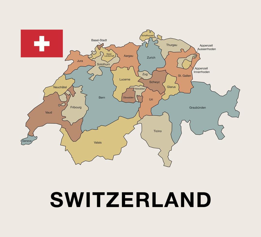 Highly detailed political map of Switzerland, showcasing its administrative regions and borders. Perfect for educational, geographical, and travel-related projects. vector