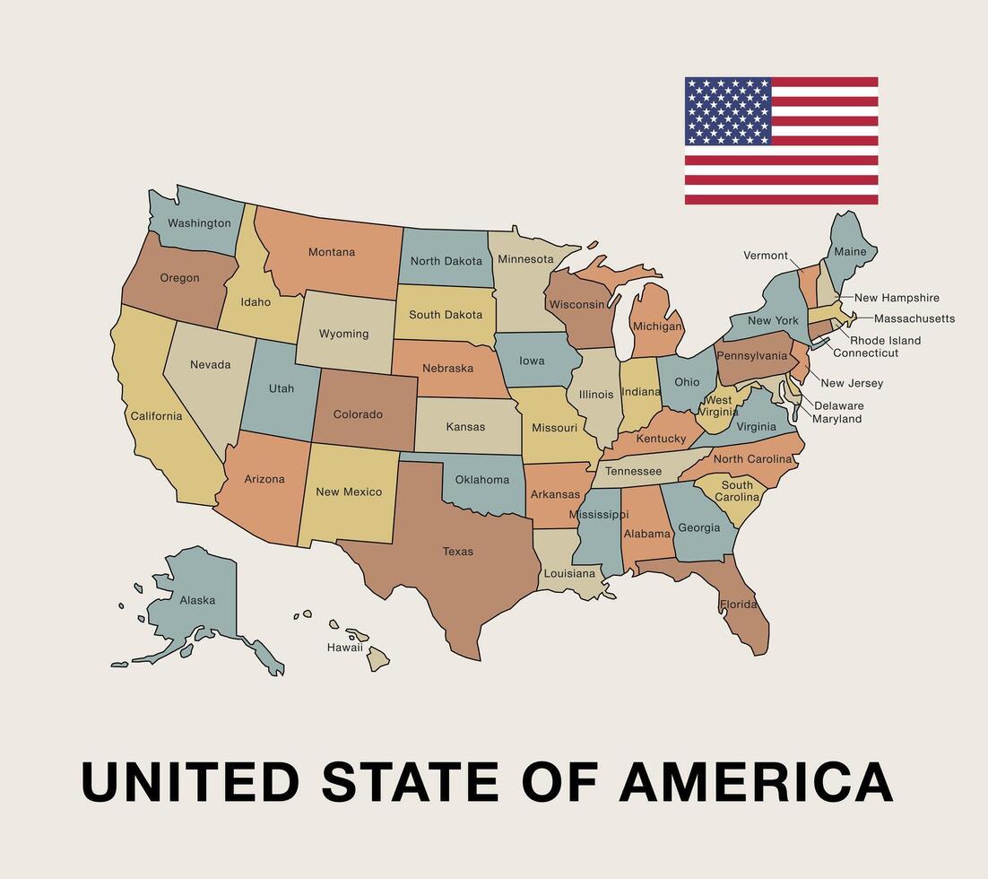 Highly detailed political map of USA, showcasing its administrative regions and borders. Perfect for educational, geographical, and travel-related projects. vector