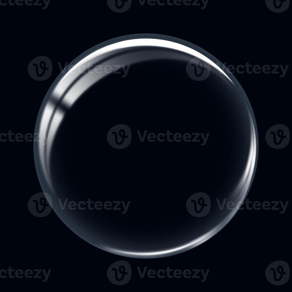 Glass circle transparent on dark background. Sphere crystal bubble for product presentation. photo