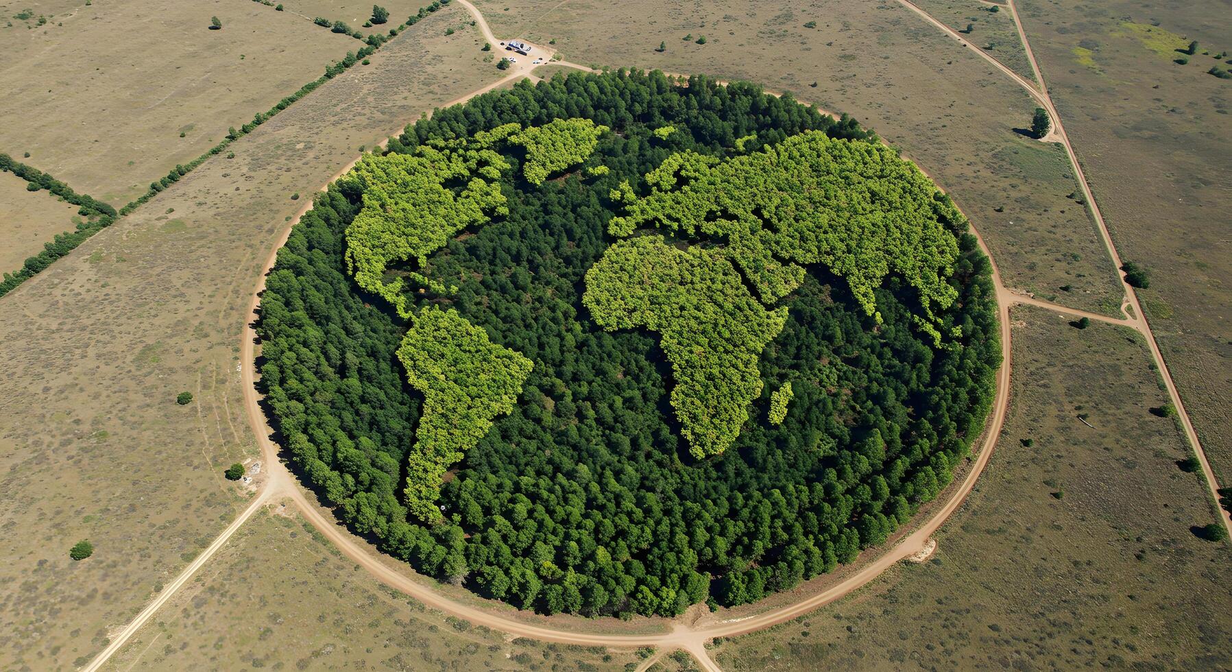 Aerial View of a World Map Shaped Forest Plantation A Symbol of Environmental Conservation and Sustainable Practices photo