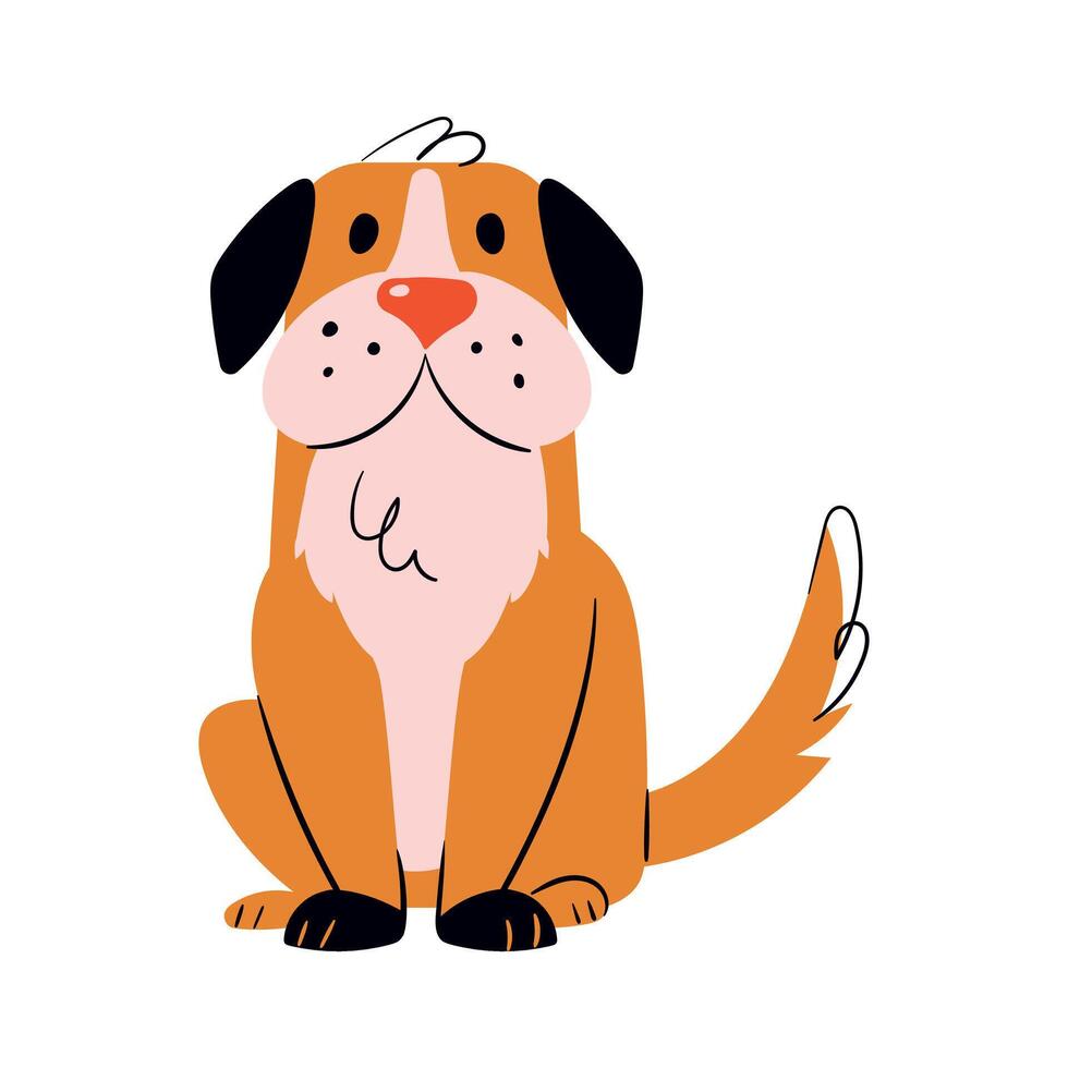 Cute orange dog sitting and looking at viewer. Cartoon pet illustration in flat style. Beagle-like breed with friendly face. Isolated on white background. vector