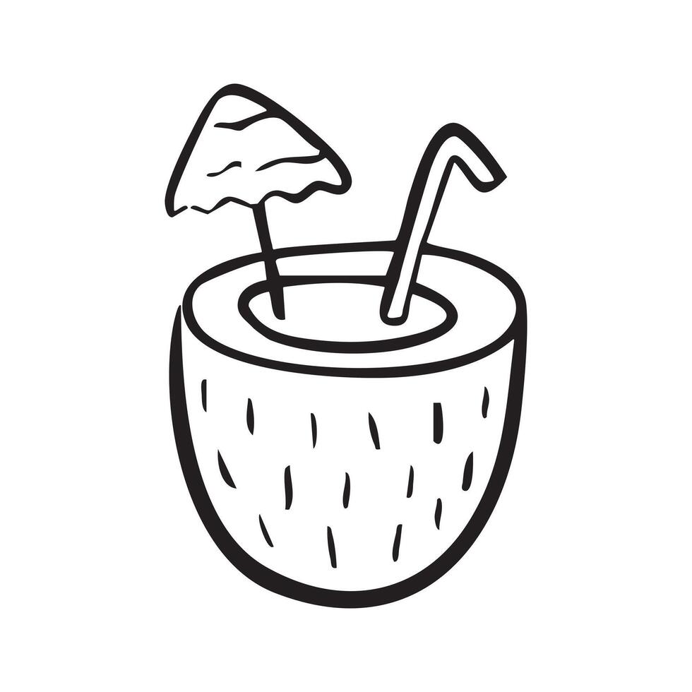 Hand drawn coconut Drink with Straw and Umbrella. Cocktail drawing black ink. Outline element summer theme. Tropical design. Exotic Drinks for beach parties. Contour. Isolated. illustration. vector