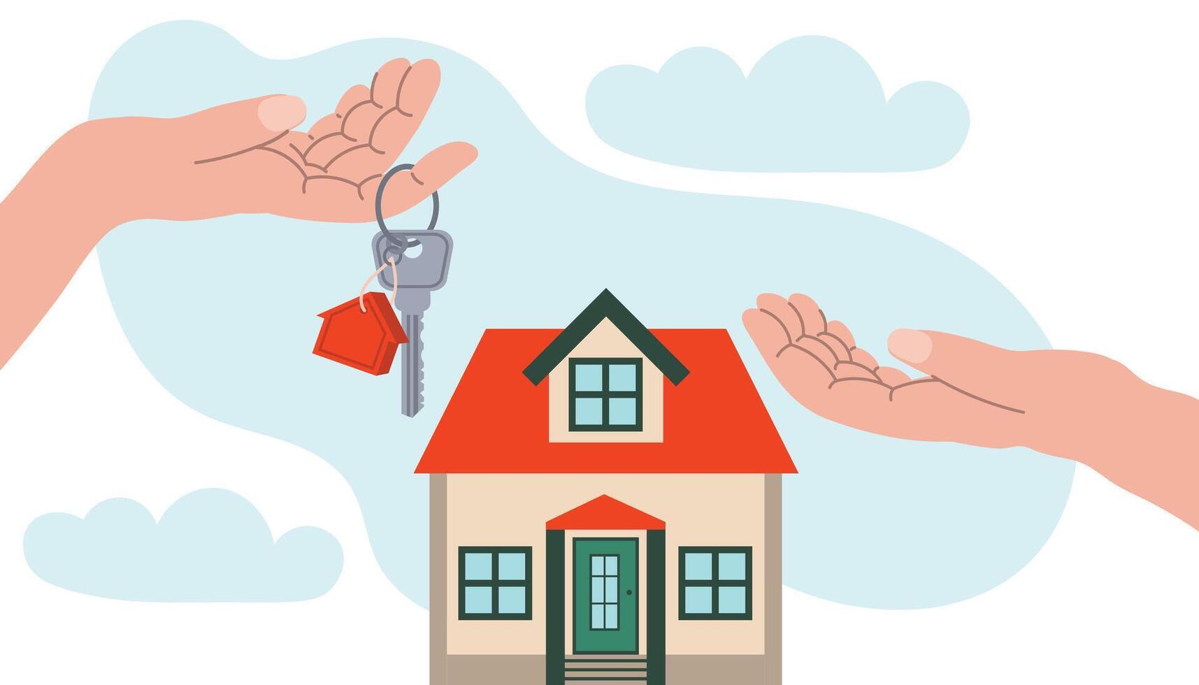 Real estate buying or rent concept. Seller hands giving key for house, successful investment concept. Illustration in flat style. vector