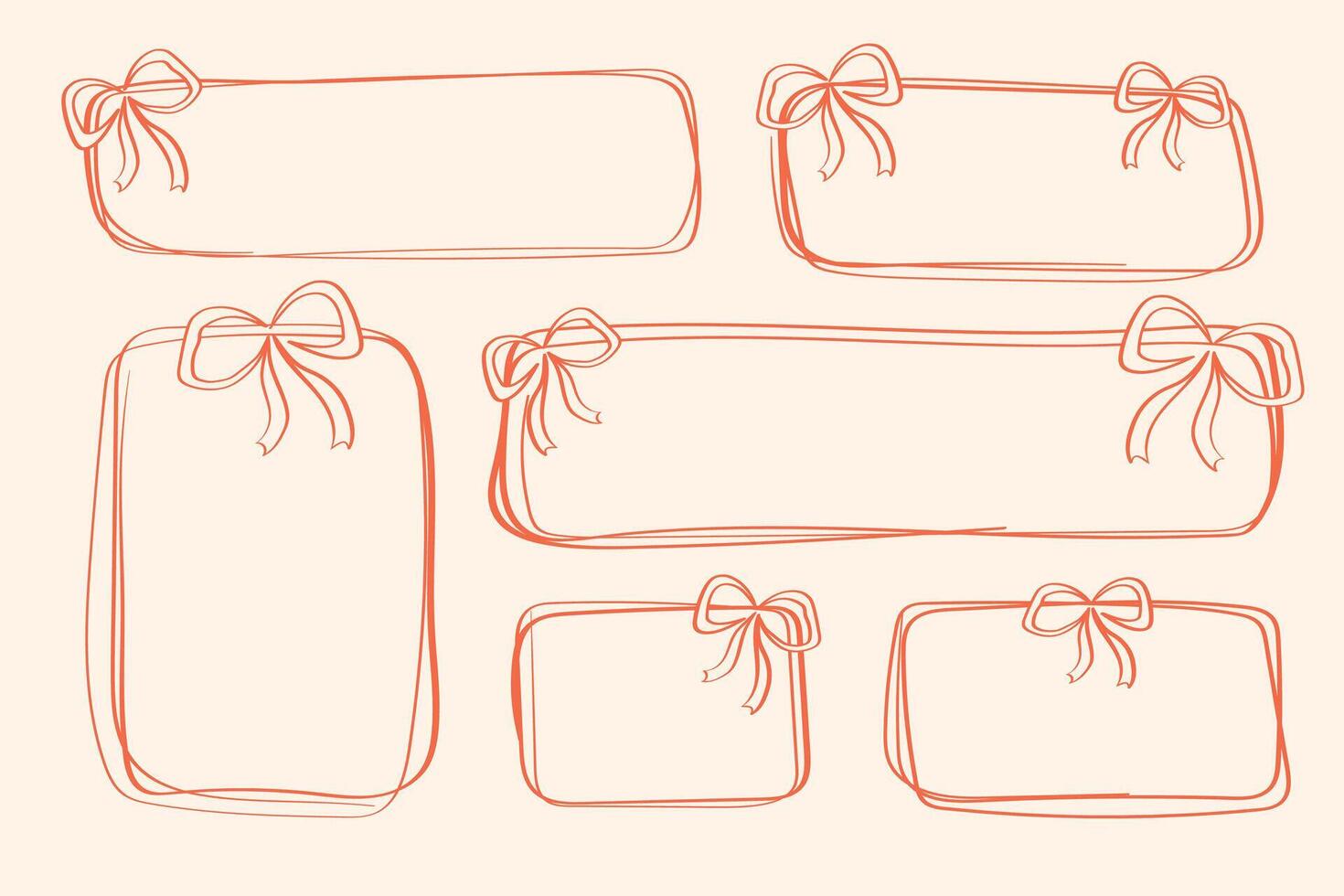 Set of square, rectangular frames with ribbons and bows. Cute line doodles hand drawn design elements. Frame for cards, birthday and wedding invitations vector